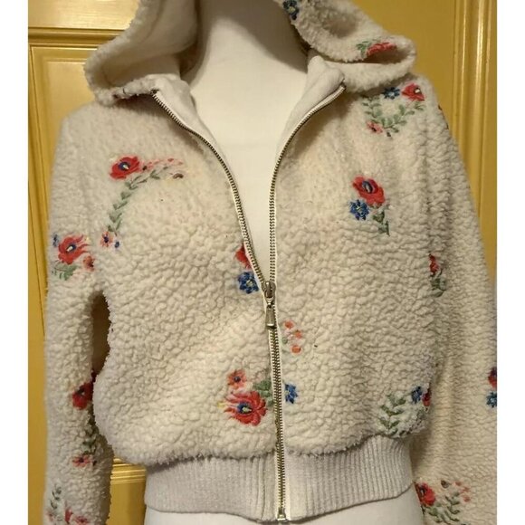 Urban Outfitter Sherpa Jacket Medium Nature Flower Hood Ribbed Waistband Zipper - Picture 2 of 15